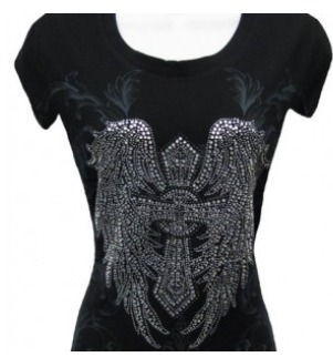 Rhinestone Cross and Wing Studded Tee