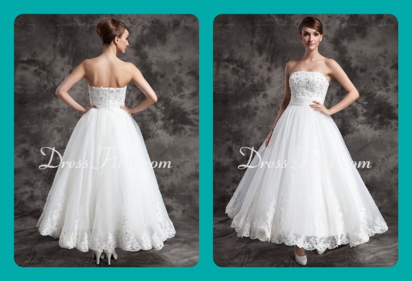 ALinePrincess Strapless Ankle-Length Organza Satin Wedding Dress With Lace Beadwork