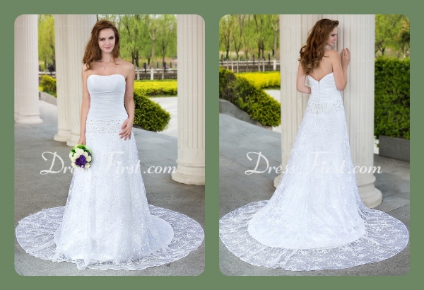 ALinePrincess Strapless Chapel Train Taffeta Lace Wedding Dress With Ruffle Beadwork