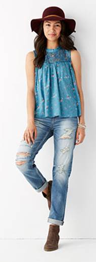 Arizona Lace High Neck Woven Top $34 Arizona Heritage Boyfriend Jean $56 