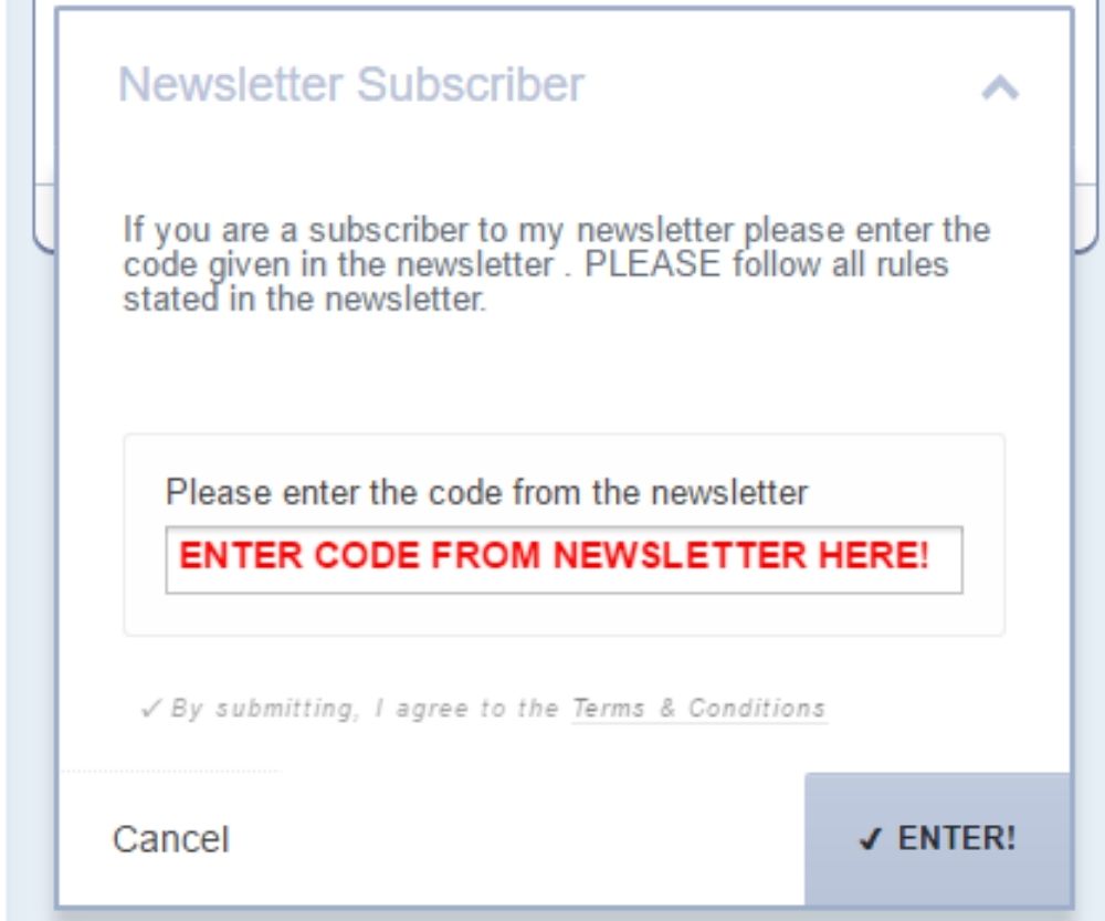 Newsletter Extra Entries Codes- rita reviews