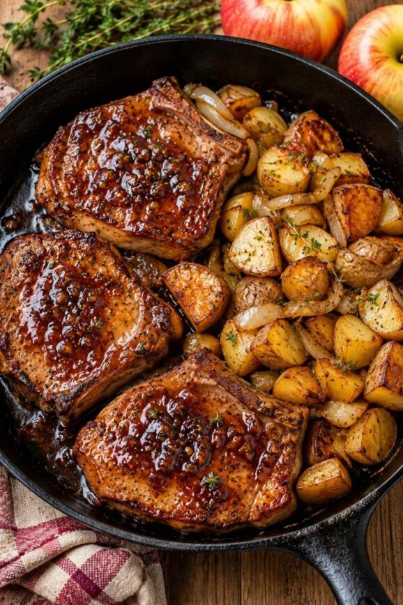 Apple Butter Pork Chops with Skillet Potatoes