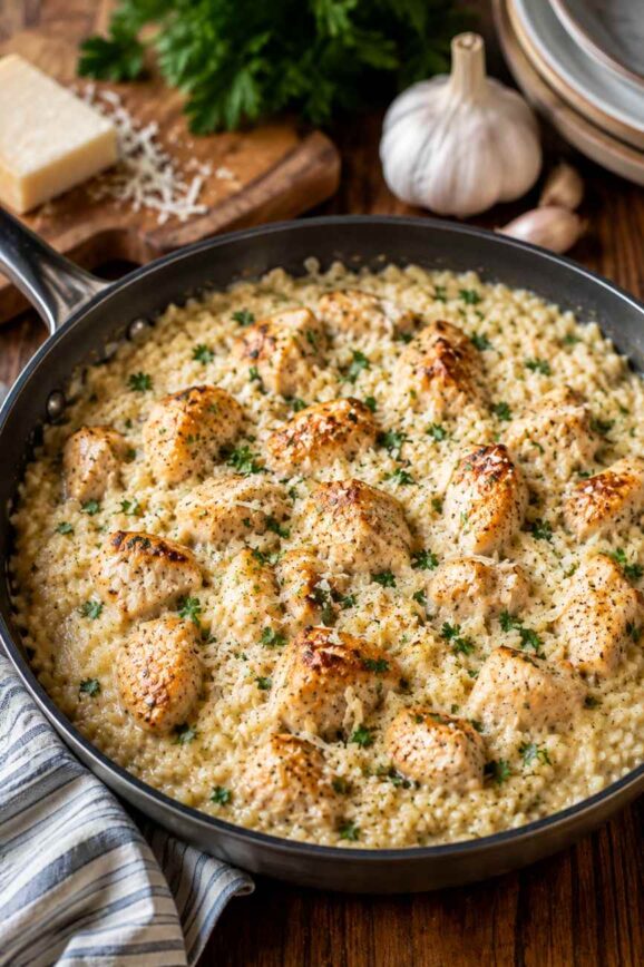 Creamy Garlic Parmesan Chicken & Rice Skillet