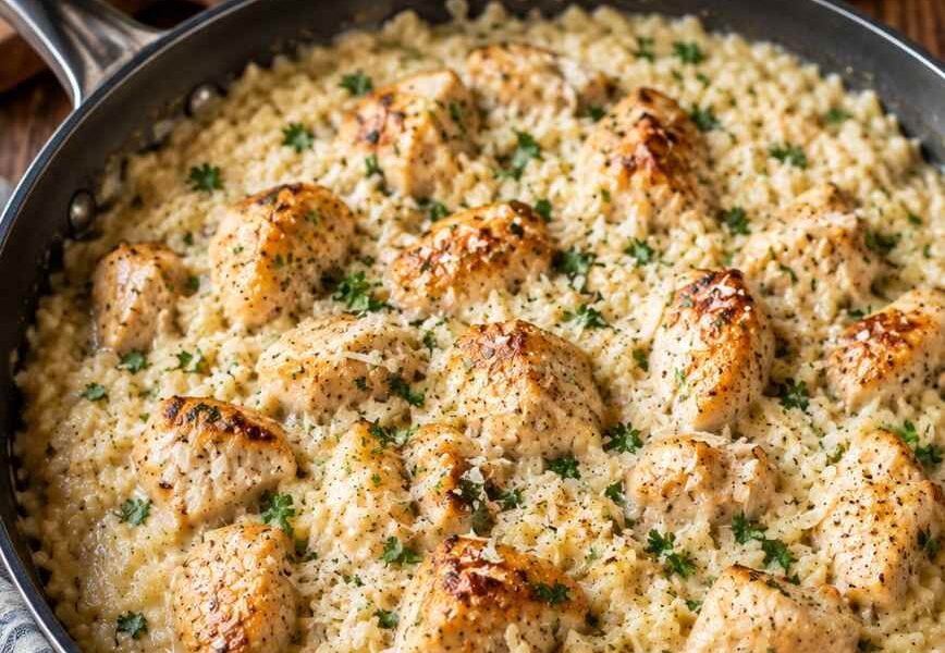 Creamy Garlic Parmesan Chicken & Rice Skillet