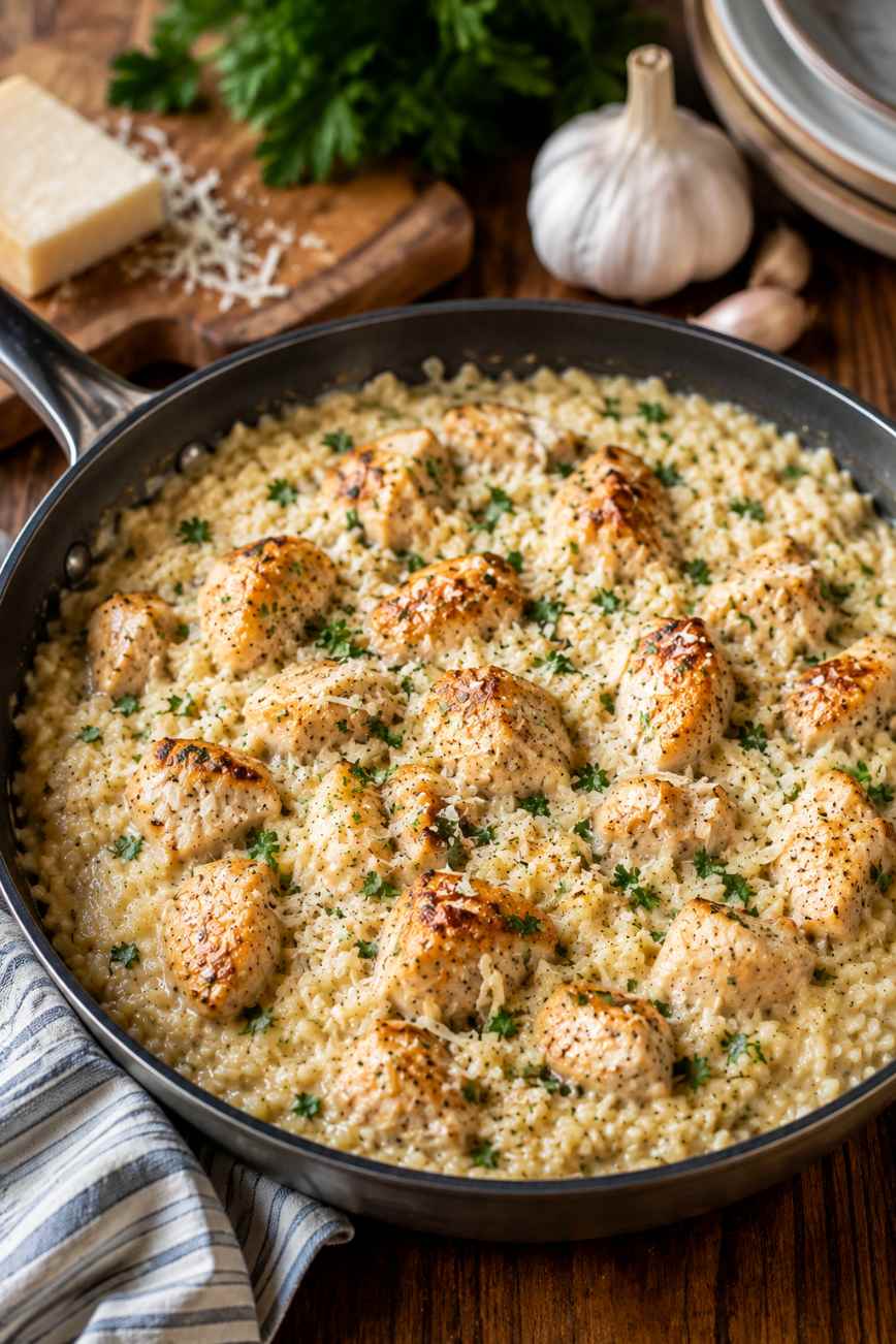 Creamy Garlic Parmesan Chicken & Rice Skillet