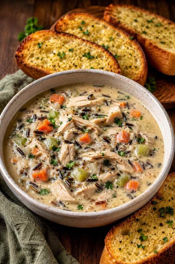Creamy Chicken & Wild Rice Soup with Garlic Bread