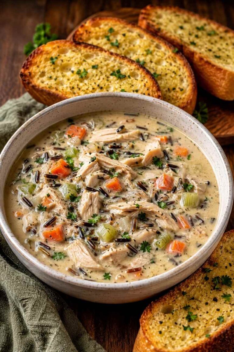 Creamy Chicken & Wild Rice Soup with Garlic Bread
