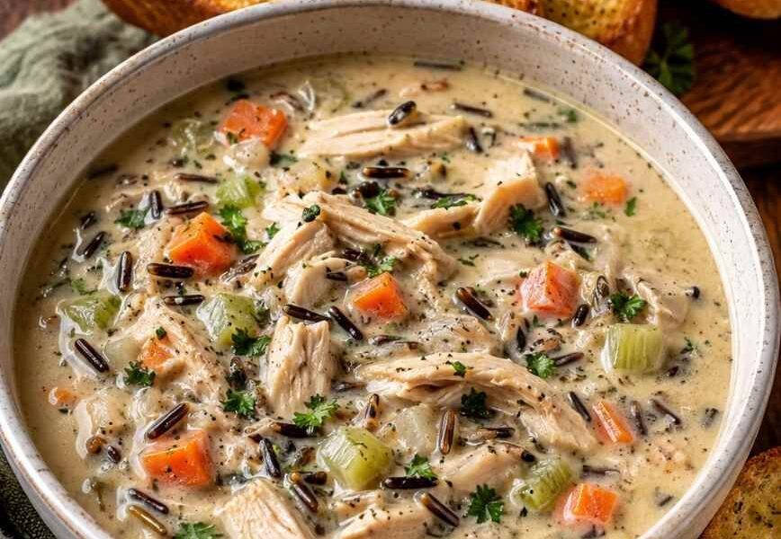 Creamy Chicken & Wild Rice Soup with Garlic Bread